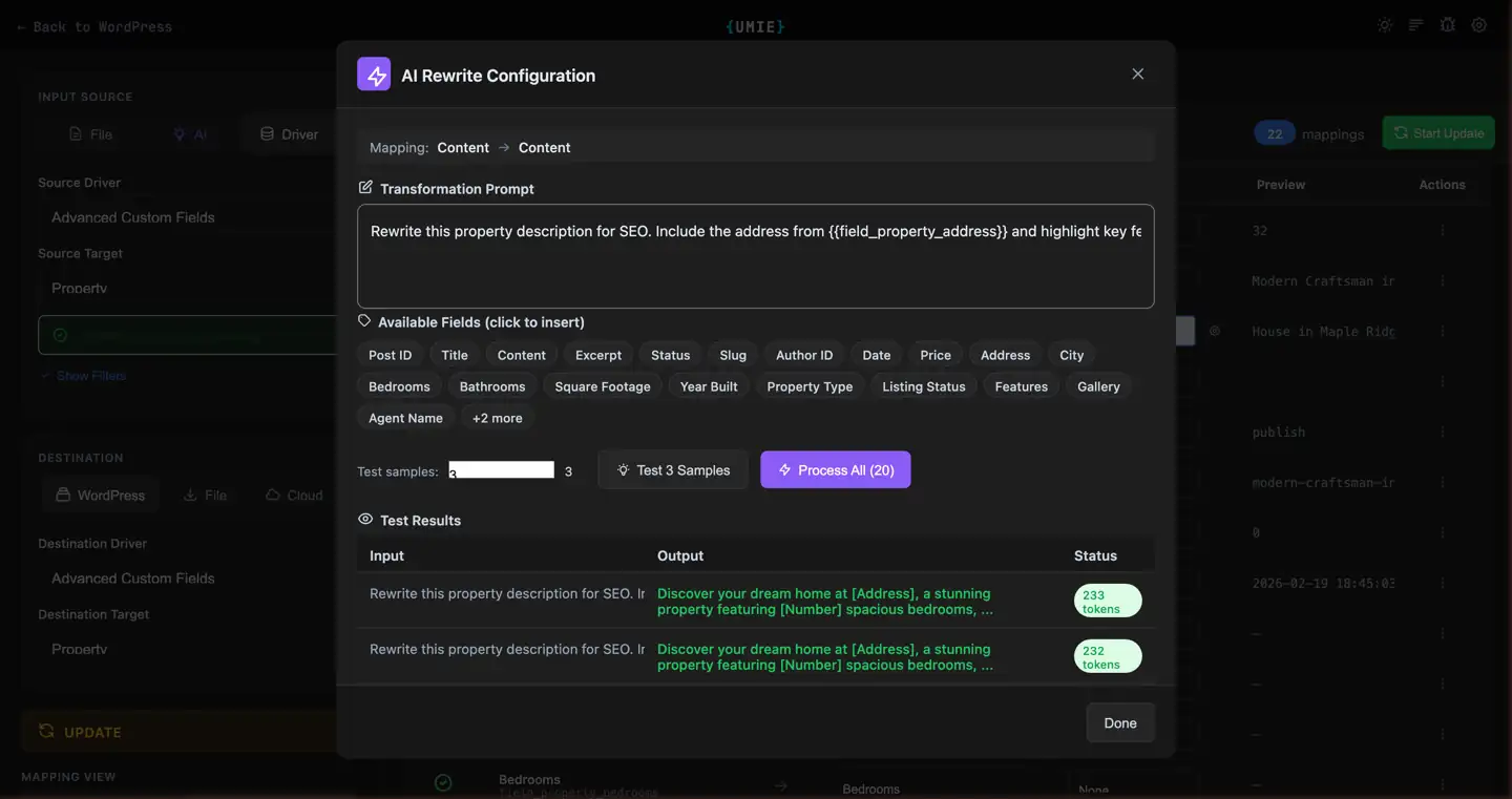 The AI rewrite interface showing input text and transformed output preview