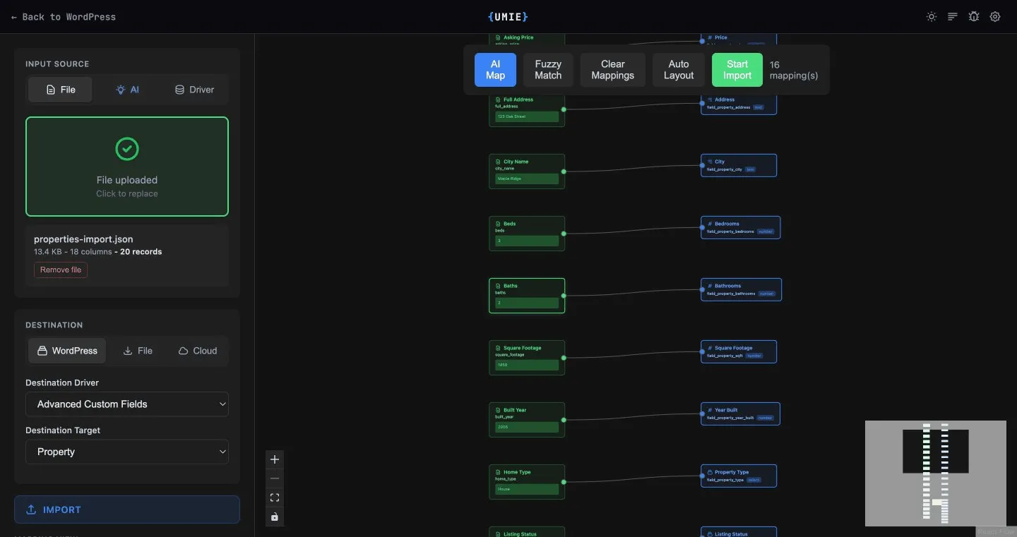 The UMIE node mapping view showing source JSON fields connected to WordPress target fields