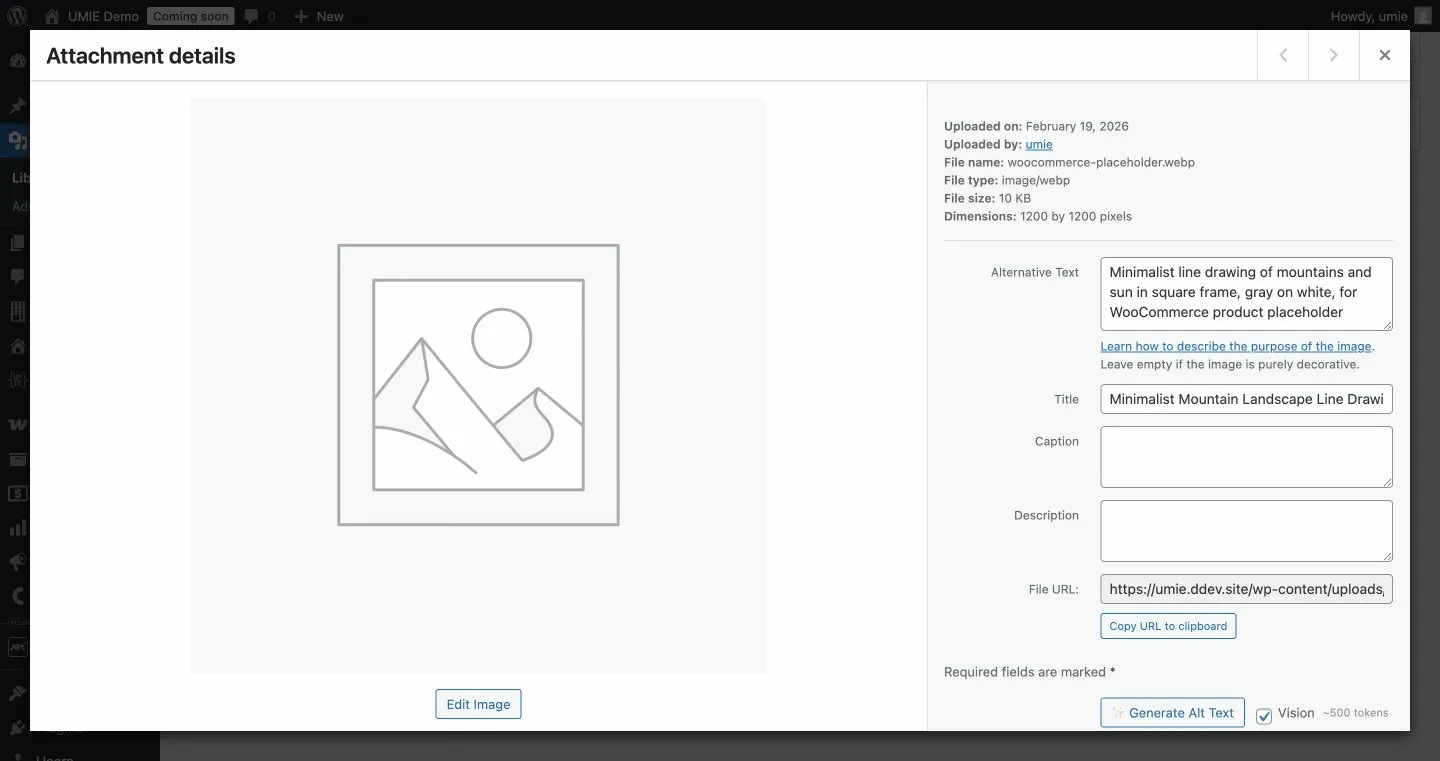 The WordPress Media Library attachment details showing AI-generated alt text and the Generate Alt Text button with Vision toggle