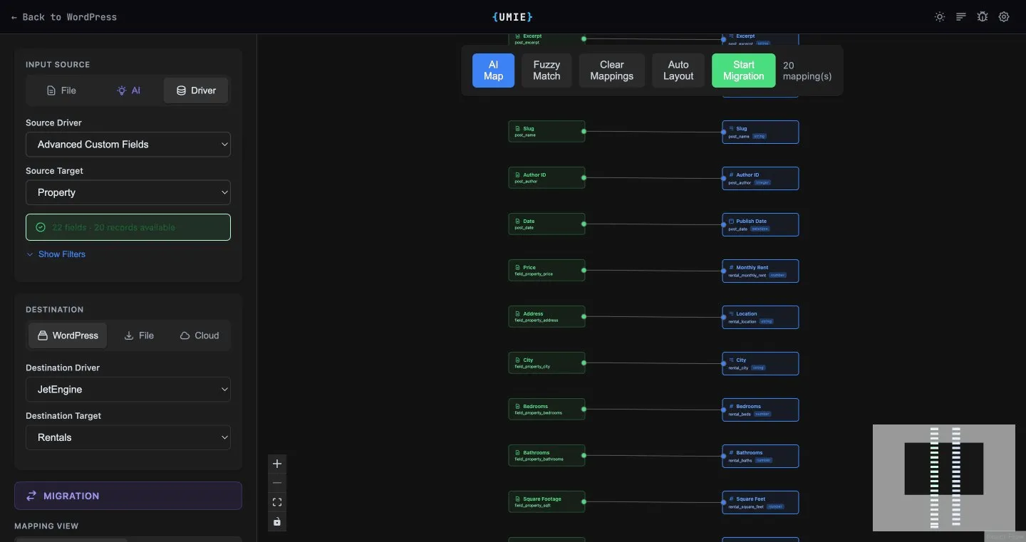 The migration view showing source and destination driver selection