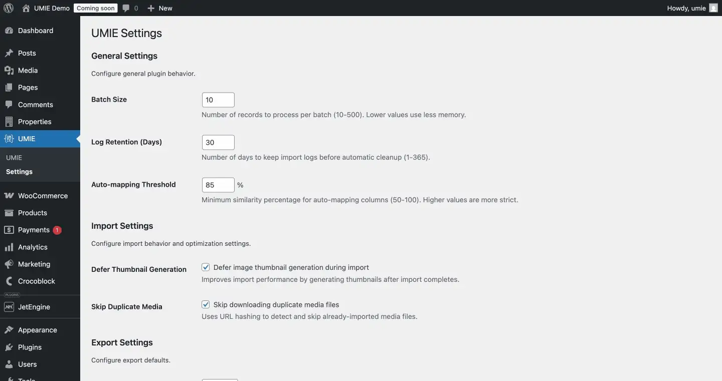 The UMIE settings page with license key and credit balance