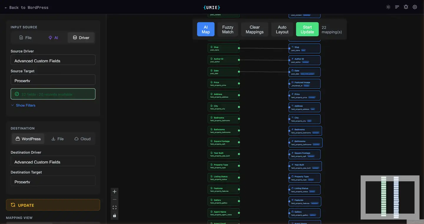 The AI mapping interface showing suggested field matches with confidence scores