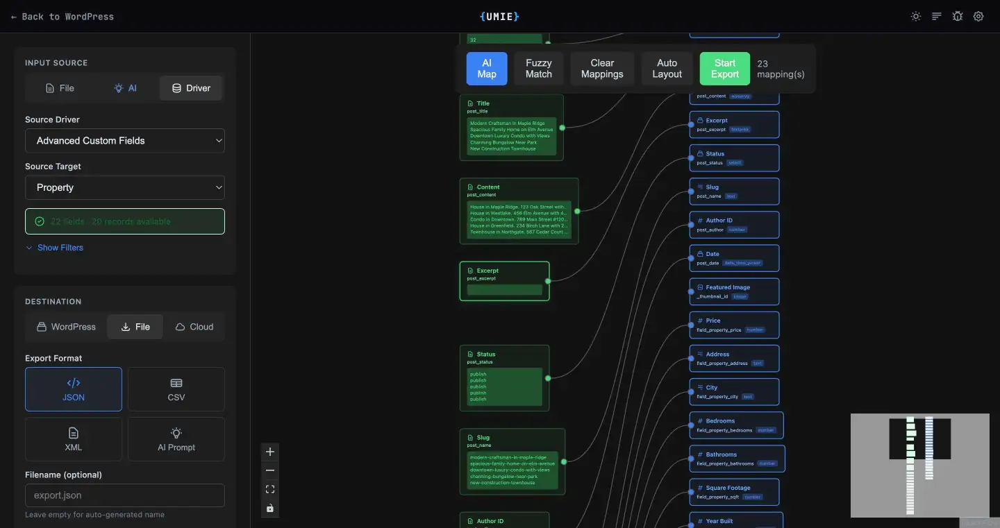 The export configuration view with format selection and filter options