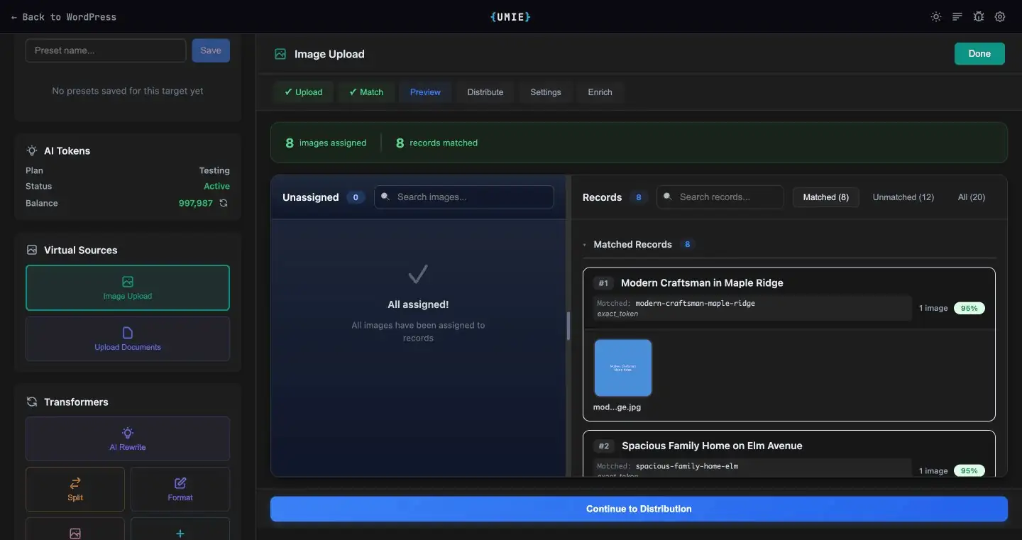 The image matching interface showing uploaded images matched to records